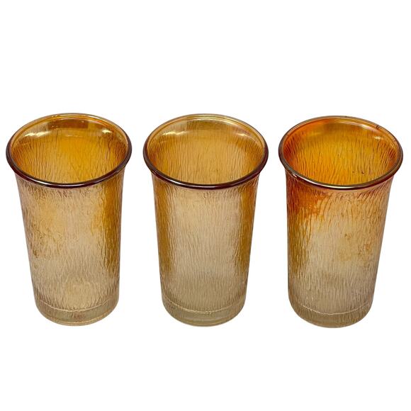 Vintage Imperial Marigold Iridescent Carnival Glass Tree Bark Tumblers Set of 3 - Picture 2 of 3